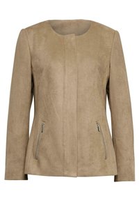 Beige suède jasje met een ronde hals, enkele haaksluiting en twee zijzakken met rits. Soepele textuur en een getailleerde pasvorm.