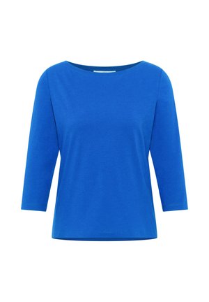 Bright blue women's long-sleeve shirt with a boat neckline and a straight hem, displayed on a white background.