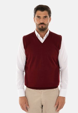 Maglione senza maniche color bordeaux con scollatura a V, realizzato in tessuto morbido, indossato sopra una camicia bianca con colletto, abbinato a pantaloni beige.