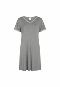 Camicia da notte grigia in cotone con maniche corte, scollo a V e bordo in pizzo lungo lo scollo e i bordi delle maniche. Design fluido a forma A.