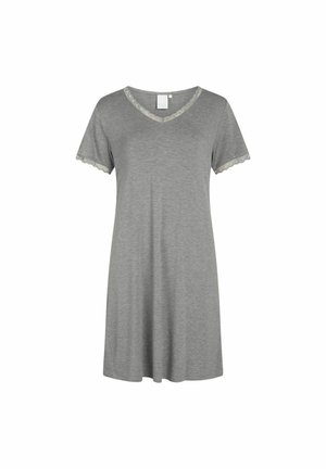 Gray cotton nightdress with short sleeves, V-neckline, and lace trim along the neckline and sleeve hems. Flowy A-line design.