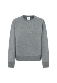 Sudadera gris con mangas largas, puños y dobladillo acanalados. Presenta un diseño de texto en dorado que dice "Pepe Jeans London". Fabricada en material suave.