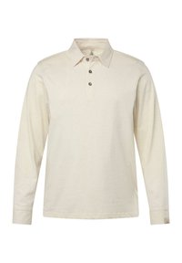 Vaaleanbeige pitkähihainen poolopaita, puuvillamateriaali, klassinen kaulus, kolme tummaa nappia edessä, hienovarainen rakenne ja brodeerattu logo. 
