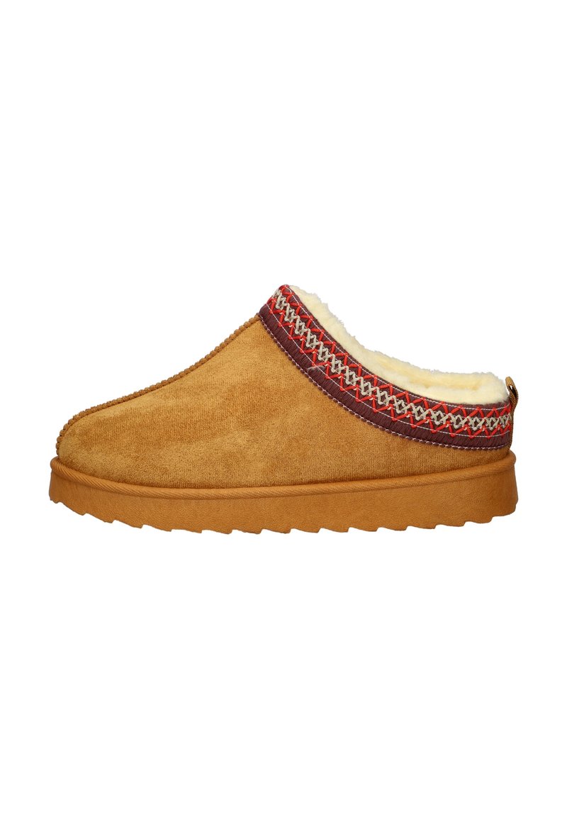 Tan suede slipper with a soft fur lining, featuring a red and patterned decorative trim along the collar and a textured rubber sole.