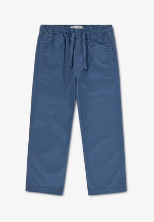 Pantalones azules con cintura elástica y cordón ajustable. Cuentan con bolsillos laterales y una textura de tela suave. Diseño de pierna recta.