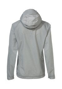 Giacca leggera grigio chiaro, con cappuccio, maniche lunghe e polsini elasticizzati. Tessuto liscio e design semplice, adatta per essere indossata a strati.