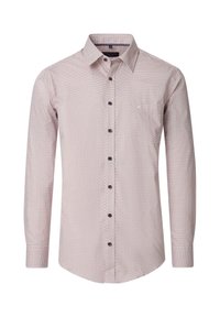 Langarm shirt in lichtroze met kleine geometrische patronen, knoopsluiting aan de voorkant, één borstzak en bruine knopen. Katoenen stof.