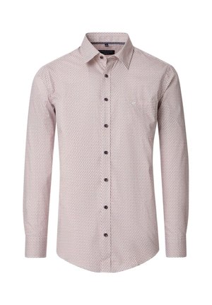 Langarm shirt in lichtroze met kleine geometrische patronen, knoopsluiting aan de voorkant, één borstzak en bruine knopen. Katoenen stof.