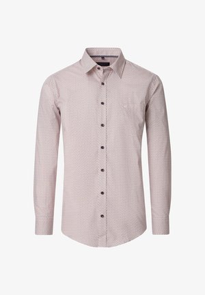 Langarm shirt in lichtroze met kleine geometrische patronen, knoopsluiting aan de voorkant, één borstzak en bruine knopen. Katoenen stof.