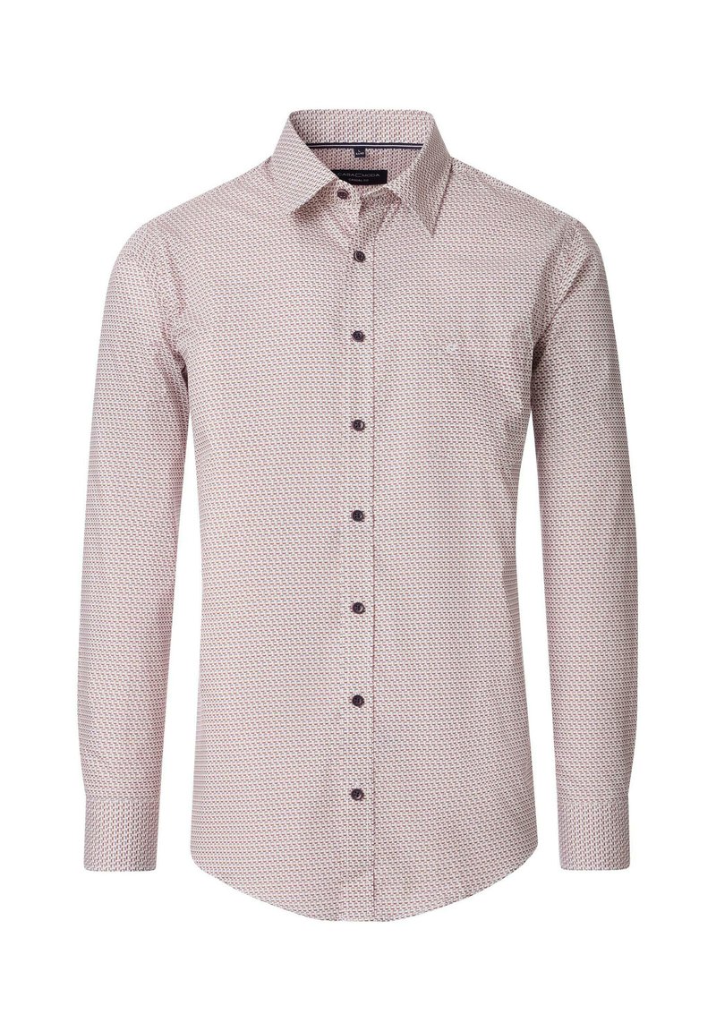 Langarm shirt in lichtroze met kleine geometrische patronen, knoopsluiting aan de voorkant, één borstzak en bruine knopen. Katoenen stof.