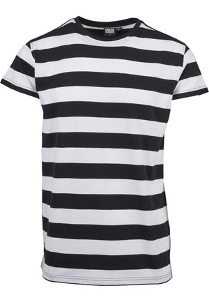 T-shirt a righe bianche e nere in cotone, maniche corte, scollatura rotonda, con orlo dritto e dettagli di cucitura a contrasto.