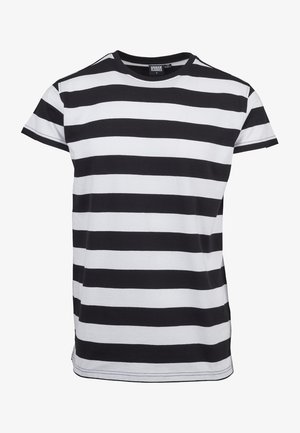 Tricou cu dungi alb-negru, fabricat din bumbac, cu mâneci scurte, decolteu rotund, cu tiv drept și detalii de cusătură contrastante.