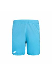 Pantalones cortos deportivos azul claro con una cintura elástica, hechos de un material ligero y suave, con un pequeño logo blanco en la parte inferior izquierda.