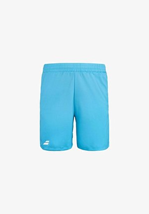 Lichtblauwe sportshorts met een elastische tailleband, gemaakt van soepel, lichtgewicht materiaal, met een klein wit logo aan de onderkant links.