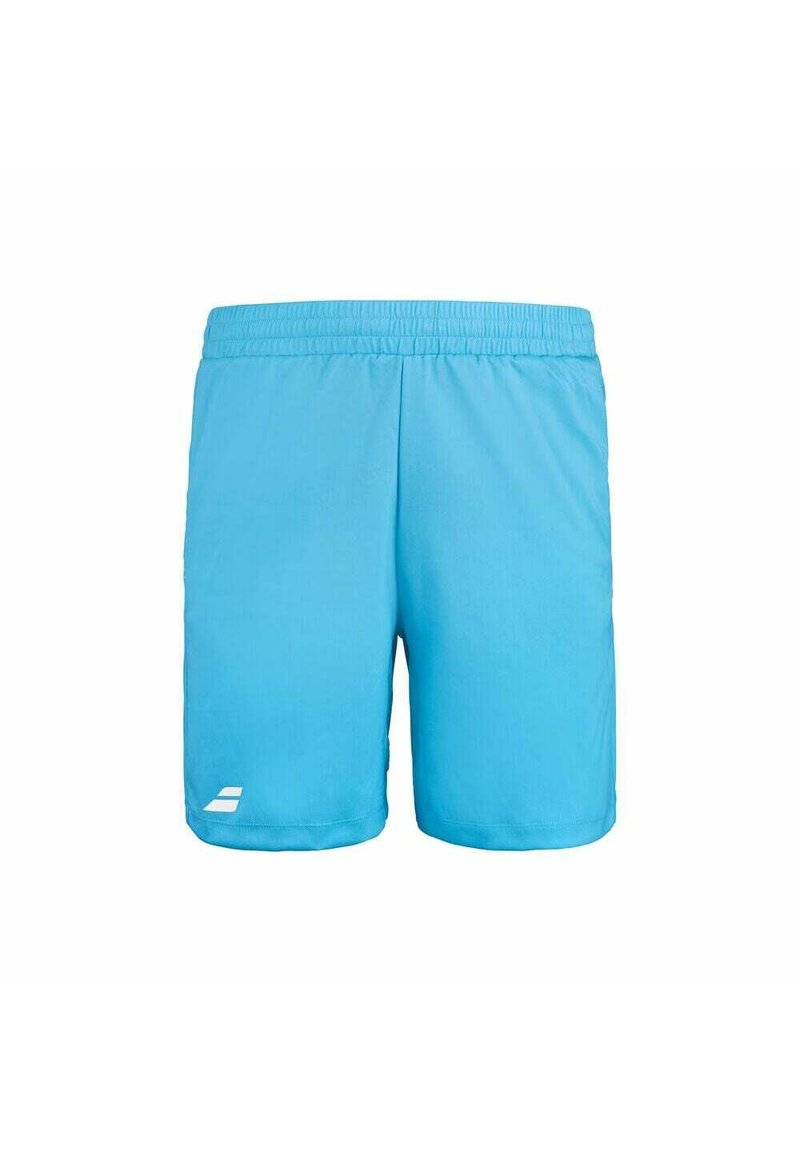 Pantalones cortos deportivos azul claro con una cintura elástica, hechos de un material ligero y suave, con un pequeño logo blanco en la parte inferior izquierda.