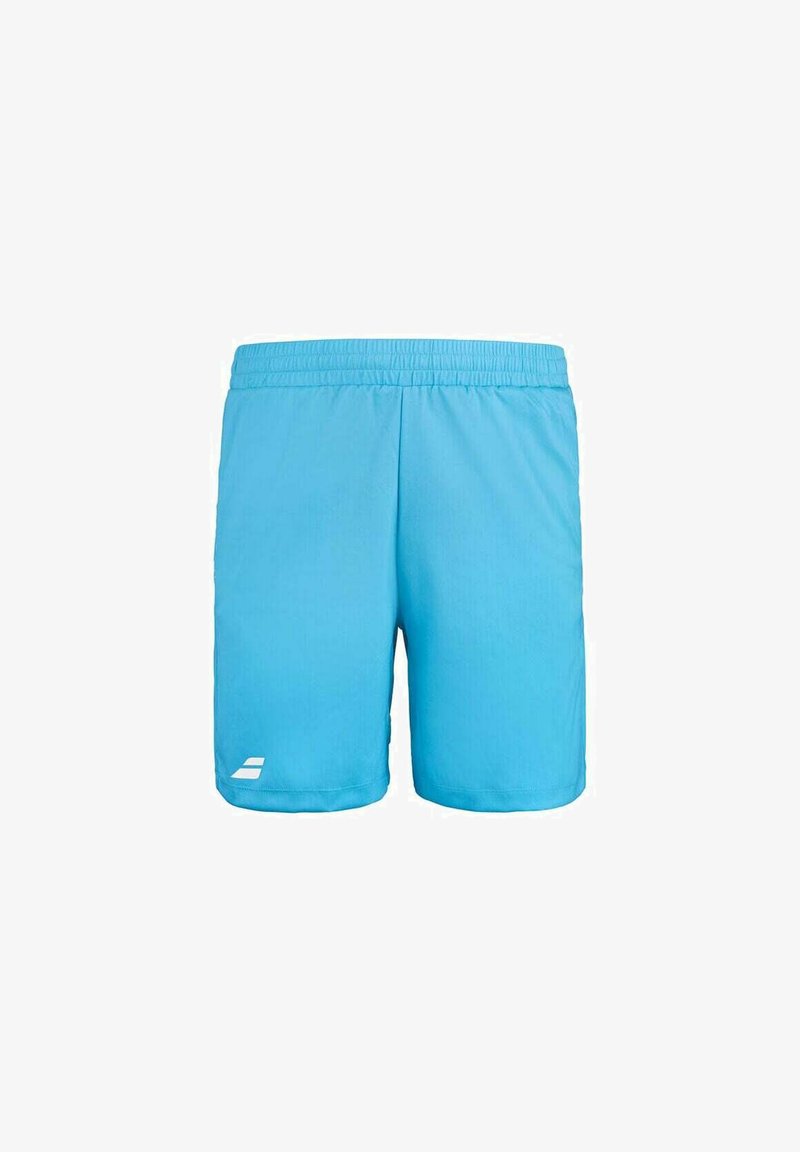 Pantalones cortos deportivos azul claro con una cintura elástica, hechos de un material ligero y suave, con un pequeño logo blanco en la parte inferior izquierda.