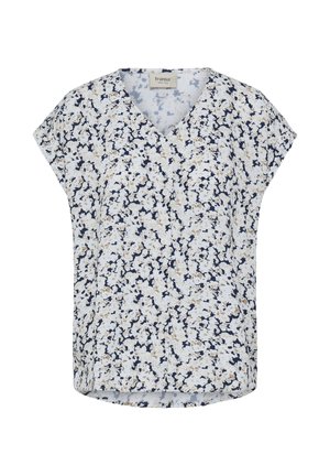 Biela blúzka s krátkym rukávom s námorníckym a béžovým kvetinovým vzorom, výstrihom do V a voľným strihom od značky Fransa.