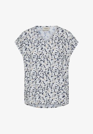 Blouse blanche à manches courtes avec motif floral marine et beige, col en V et coupe ample de la marque Fransa.