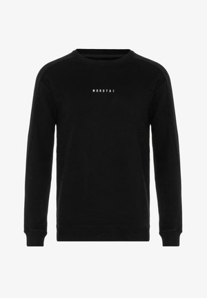 Schwarzer Pullover aus weichem Stoff mit rundem Halsausschnitt und langen Ärmeln. Auf der Vorderseite ist der Text "MOROTAI" in weißer Schrift zu sehen.