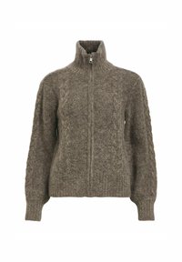 Cárdigan marrón de cremallera con un cuello alto, que presenta un texto de punto trenzado en las mangas y el cuerpo. Dobladillo y puños acanalados.