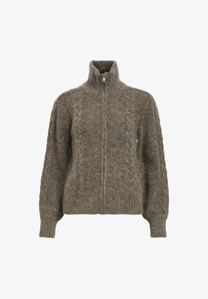 Bruine, ritssluiting cardigan met hoge kraag, met kabelbreiwerk textuur op de mouwen en het lichaam. Geribbelde zoom en manchetten.