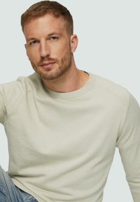 Hellgrauer Pullover aus weichem Material mit Rundhalsausschnitt und gerippten Bündchen, der ein schlichtes Design und minimale Nahtdetails aufweist.