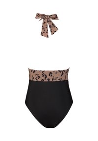 Maillot de bain noir à taille haute, arborant une bande à imprimé léopard et un lien autour du cou dans une palette de couleurs beige et marron.