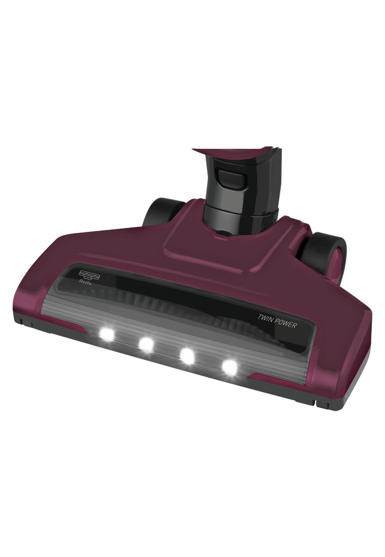 Tête d'aspirateur violette au design épuré, avec une poignée noire, trois lumières frontales et des poils texturés pour un nettoyage efficace.