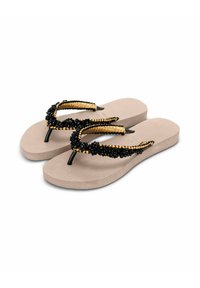 Czarno-złote klapki z teksturowaną beżową podeszwą i ozdobnymi paskami z czarnymi koralikami oraz skręconymi złotymi akcentami.
