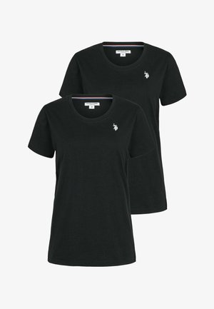 Black cotton t-shirts, round neck, short sleeves. Small embroidered logo on chest. Pack of two, tag indicates medium size.