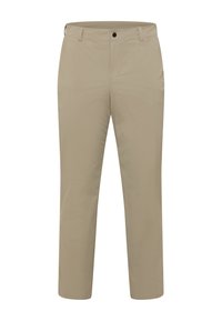 Pantaloni beige realizzati in un tessuto liscio, con design a gamba dritta, due tasche frontali, chiusura con bottone e dettagli di cucitura discreti.