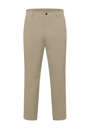 Beige Hosen aus glattem Stoff, mit geradem Bein, zwei Vordertaschen, einem Knopfverschluss und dezenten Nähdetails.