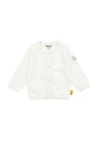 Cardigan bianco lavorato a maglia con maniche lunghe, cinque bottoni, motivo cucito e una toppa a forma di orso sulla manica sinistra. Presenta un'etichetta gialla.