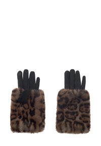 Gants noirs avec des poignets en fourrure imprimée léopard marron et noire, présentés à plat avec les paumes vers le bas.