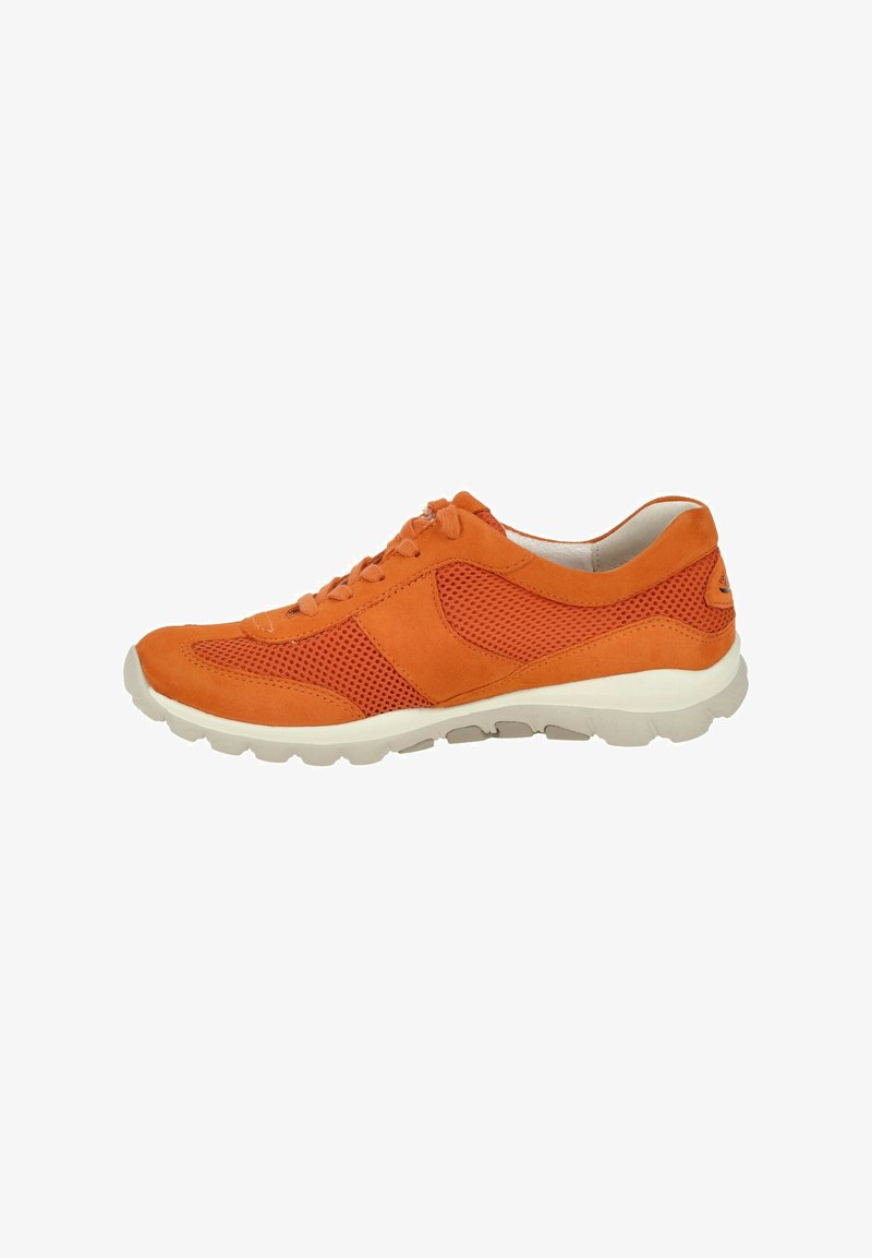 Orange suede and mesh sneaker with a low profile, round toe, and textured sole. Features six eyelets and a cushioned heel.