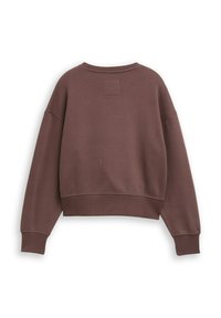 Brauner, kurz geschnittener Sweatshirt mit rundem Halsausschnitt, überschnittenen Schultern und gerippten cuffs. Weiches Material mit glatter Textur und minimalen Details.