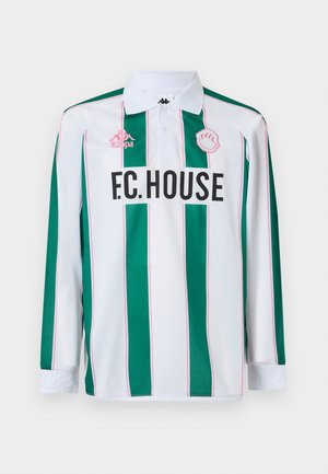 Long-sleeve football shirt with green and white vertical stripes, pink accents, collared neck, and bold "F.C. HOUSE" text across the front.