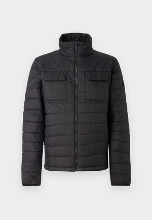 Must rõnga isoleeritud jope kõrge kaelusega, ees lukuga ja kahe rinna taskuga. Omab tikandit ja sujuvat teksat.