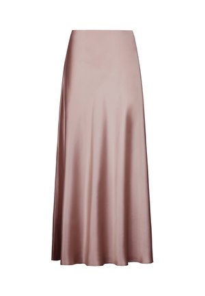 Satiner Midirock in zartem Rosa, mit einer glänzenden, glatten Textur, hohem Taillenbund und einem fließenden Design, das knapp über den Knöcheln endet.