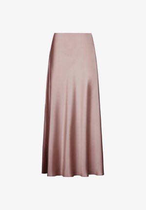 Satynowa spódnica midi w delikatnym różowym kolorze, o gładkiej, jedwabistej fakturze, z wysokim stanem i zwiewnym krojem sięgającym tuż nad kostki.