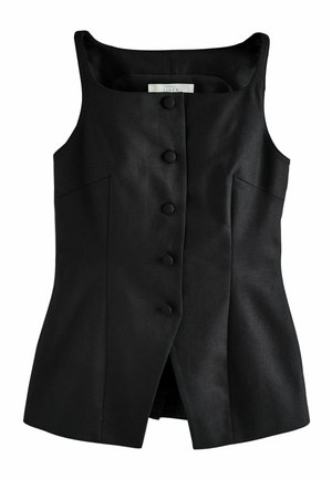 Juodas, be rankovių, lininis liemenė su kvadratine iškirpte, penkiais audiniu aptrauktais mygtukais priekyje ir subtiliomis priekinėmis siūlėmis.