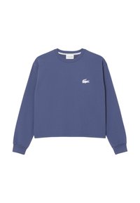 Felpa corta viola in cotone, con girocollo e maniche lunghe, decorata con un logo bianco sul lato sinistro del petto.