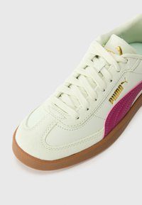 Gaiši zaļi sporta apavi ar zamšādas tekstūru, ar rozā svītru, zelta logo un bēša gumijas zoli. Saitēm veidots dizains ar apaļu pirkstu daļu.