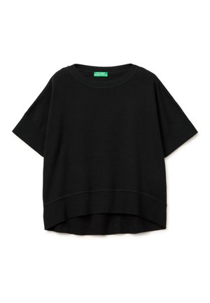 Schwarzes kurzärmeliges Strickoberteil mit Rundhalsausschnitt und gerippten Bündchen und Saum, mit einem asymmetrischen High-Low-Design.