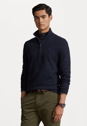 MESH KNIT COTTON QUARTER-ZIP SWEATER - Striktrøje - navy heather