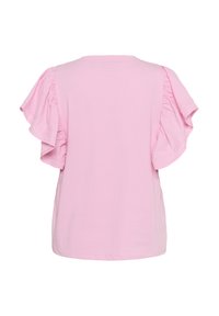 Roza majica s kratkimi rokavi z nabranimi rokavi, okroglo ovratnikom in ravnim krojem. Gladka tekstura, sproščen dizajn.