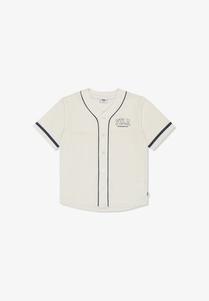 Weißes FILA Baseball-Hemd mit kurzen Ärmeln, schwarz eingefasst, Logo auf der linken Brust und schwarze Streifen an den Ärmelbündchen.