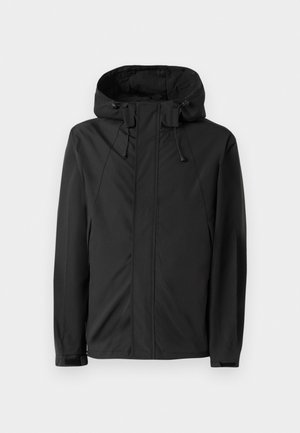 Black waterproof jacket with a drawstring hood, zippered front, long sleeves, and elastic cuffs. Smooth texture and minimal design details.