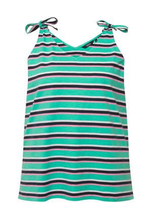 Gestreept mouwloos topje met groene, roze en zwarte horizontale lijnen. Met verstelbare strikbanden en een V-hals. Zachte stofstructuur.