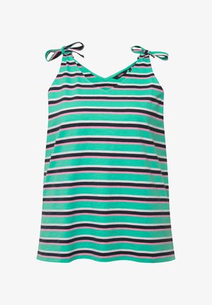 Striped sleeveless top with green, pink, and black horizontal lines. Features adjustable tie straps and a V-neckline. Soft fabric texture.